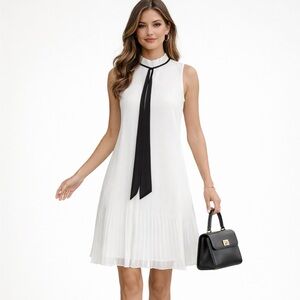 NWT DKNY Ivory Cream & Black Tie-Neck Pleated Sleeveless Shift Dress Sz 14 $139